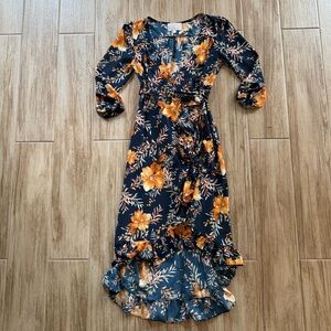 Francesca’s navy orange floral wrap maxi dress Size S EUC